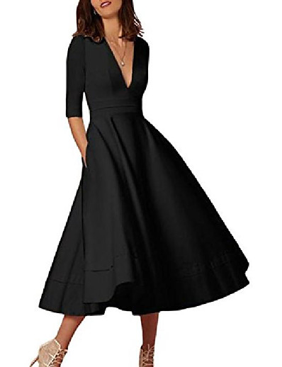cheap Elegant Dresses-Women&#039;s A-Line Dress Midi Dress 3/4-Length Sleeve Solid Color Summer Classic &amp; Timeless Chic &amp; Modern 2021 Navy Creamy-white Pink White Black Blue Red Blushing Pink Wine S M L XL XXL XXXL
