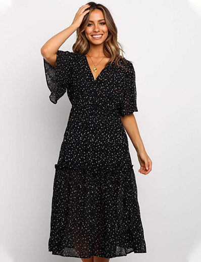 cheap Elegant Dresses-Women&#039;s Chiffon Dress Midi Dress Short Sleeve Tie Dye Floral Print Fall Spring Work Elegant 2021 Black S M L XL