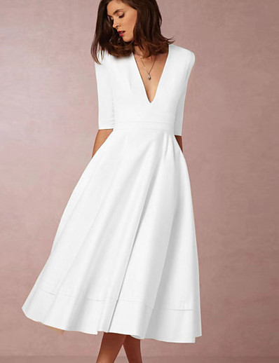 cheap Elegant Dresses-Women&#039;s Swing Dress Midi Dress Half Sleeve Solid Color Patchwork Fall Elegant 2021 White Black Blue Red Blushing Pink Wine Navy Blue Beige S M L XL XXL 3XL