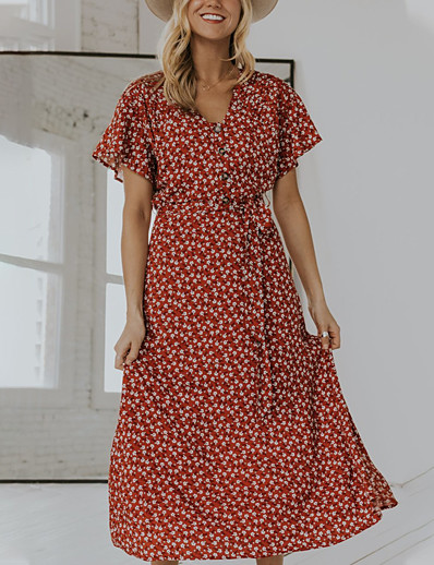 cheap Elegant Dresses-Women&#039;s Swing Dress Midi Dress Short Sleeve Tie Dye Floral Print Fall Spring Casual Chinoiserie 2021 Red XS S M L XL XXL 3XL