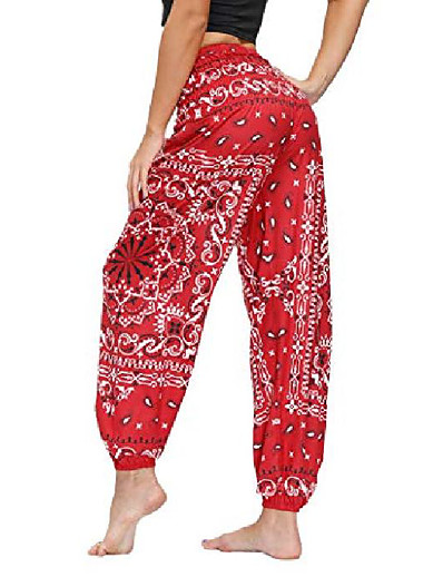 cheap Exercise, Fitness &amp; Yoga-women&#039;s smocked waist floral print harem hippie boho yoga palazzo casual pants,paisley red