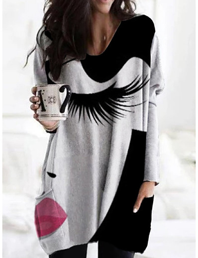 cheap DRESSES-Women's Shift Dress Knee Length Dress Long Sleeve Print Print Fall Casual 2021 Black S M L XL XXL 3XL