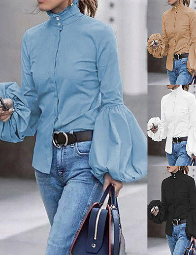 hesapli Bluzlar ve Gömlekler-Kadın&#039;s Bluz Gömlek Solid Uzun Kollu Kırk Yama Dik Yaka Tops Fener Kol Salaş Temel Temel Üst Beyaz Siyah Havuz