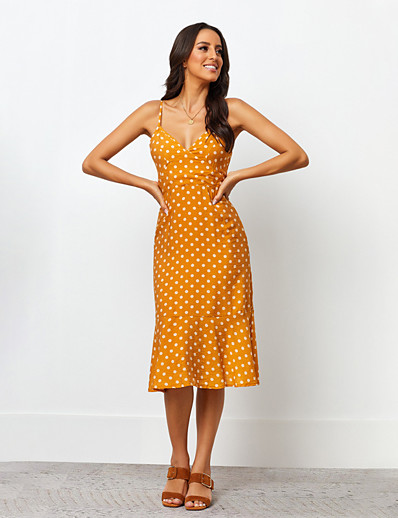 cheap Elegant Dresses-Women&#039;s Strap Dress Midi Dress Sleeveless Polka Dot Backless Print Fall Work Casual 2021 Yellow XS S M L