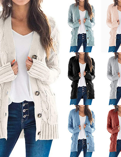 cheap Cardigans-Women&#039;s Fall Winter Coat V Neck Loose Jacket Long Sleeve Solid Colored Blue Dusty Rose Gray