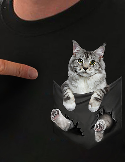 Χαμηλού Κόστους Κοντομάνικα και μακό-Γυναικεία Μπλουζάκι Γάτα 3D Γραφικά Σχέδια Στρογγυλή Λαιμόκοψη Στάμπα Βασικό Άριστος Μαύρο Λευκό