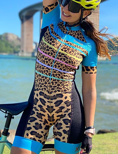 cheap Sportswear-Women&#039;s Cycling Jersey with Shorts Triathlon Tri Suit Short Sleeve - Summer Spandex Polyester Blue Patchwork Leopard Funny Bike Breathable Quick Dry Back Pocket Sweat wicking Clothing Suit Sports