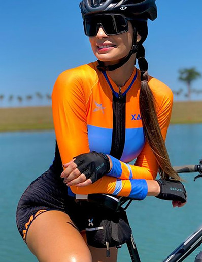 cheap Sportswear-Women&#039;s Long Sleeve Cycling Jersey with Shorts Triathlon Tri Suit Summer Polyester Blue+Orange Rainbow Bike Clothing Suit Quick Dry Breathable Back Pocket Sweat wicking Sports Rainbow Mountain Bike