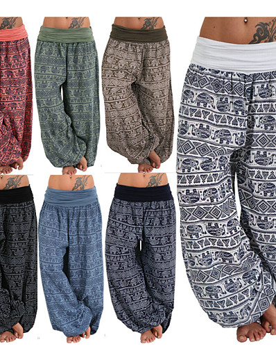cheap Exercise, Fitness &amp; Yoga-Women&#039;s Yoga Pants Fold Over Waist Bloomers Breathable Quick Dry Moisture Wicking Elephant Hippie Boho Navy ArmyGreen White Gym Workout Pilates Dance Winter Plus Size Sports Activewear Stretchy Loose