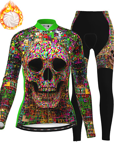 cheap Sportswear-21Grams® Women&#039;s Cycling Jersey with Tights Long Sleeve - Winter Fleece Polyester Green Sugar Skull Skull Funny Bike Fleece Lining 3D Pad Warm Breathable Quick Dry Clothing Suit Sports Mountain Bike