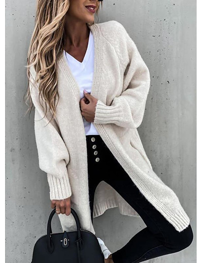 cheap Cardigans-Women&#039;s Cardigan Solid Color Knitted Casual Long Sleeve Loose Sweater Cardigans Fall Winter Open Front Black Navy Blue Beige / Holiday
