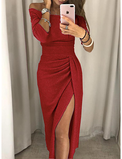 cheap Elegant Dresses-Women&#039;s Sheath Dress Midi Dress 3/4 Length Sleeve Solid Color Backless Sequins Split Fall Casual Sexy 2021 Black Purple Red Blushing Pink Dusty Rose Light Brown Fuchsia Brown Light Green Gray S M L