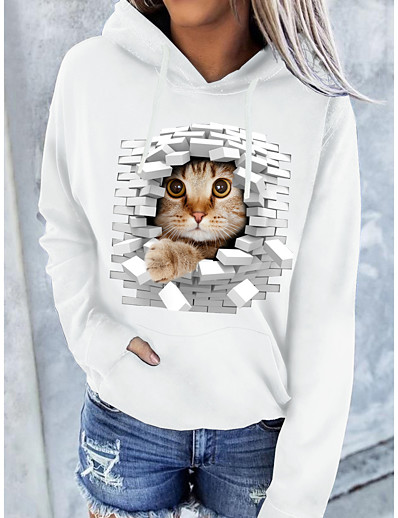 cheap Hoodies &amp; Sweatshirts-Women&#039;s Hoodie Pullover Cat Graphic 3D Front Pocket Daily Basic Casual Hoodies Sweatshirts  White