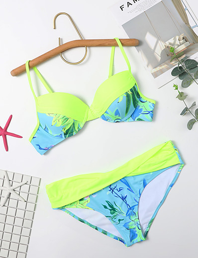 cheap Bikini Sets-Women&#039;s Bikini Tankini Swimsuit Racerback Open Back Print Abstract Light Green Swimwear Padded Strap Bathing Suits New Rustic Sweet / 2 Piece / Tattoo
