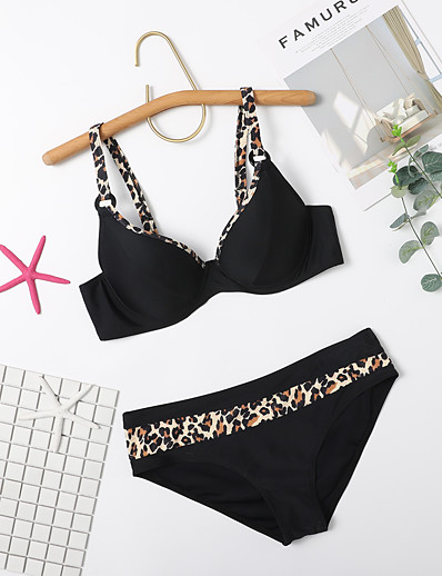 cheap Bikini Sets-Women&#039;s Bikini Tankini Swimsuit Racerback Open Back Print Color Block Leopard Black Swimwear Padded Strap Bathing Suits New Cute Sweet / 2 Piece / Tattoo