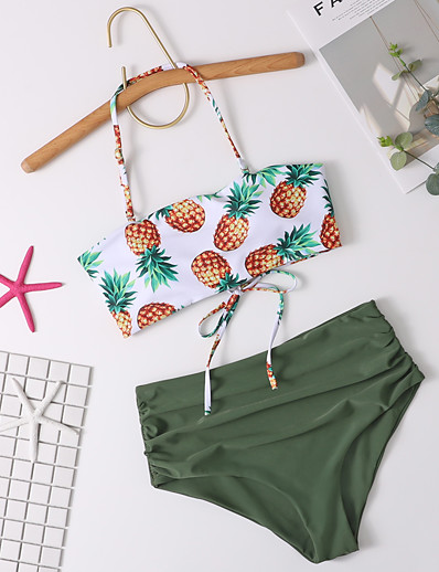cheap Bikini Sets-Women&#039;s Bikini Tankini Swimsuit Racerback Open Back Print Fruit Green Swimwear Padded Strap Bathing Suits New Cute Sweet / 2 Piece / Tattoo