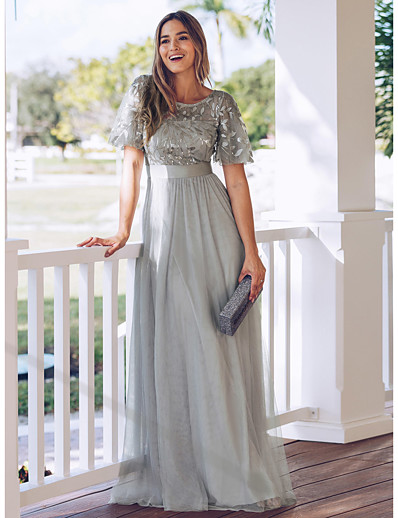 cheap Dresses-Women&#039;s Maxi long Dress A Line Dress Dusty Rose Black Gold Green Dusty Blue Light gray Red White Navy Blue Light Blue Short Sleeve Mesh Print Solid Color Round Neck Fall Spring Party Party Elegant