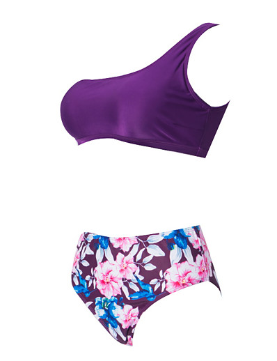 cheap Bikini Sets-Women&#039;s Bikini Tankini Swimsuit Racerback Open Back Print Tropical Purple Swimwear Padded Strap Bathing Suits New Casual Cute / 2 Piece / Tattoo