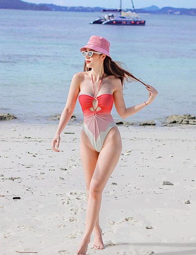 cheap Bikini Sets-Women&#039;s One Piece Bikini Swimsuit Racerback Open Back Print Tie Dye Blushing Pink Swimwear Padded Strap Bathing Suits New Cute Sweet / Tattoo