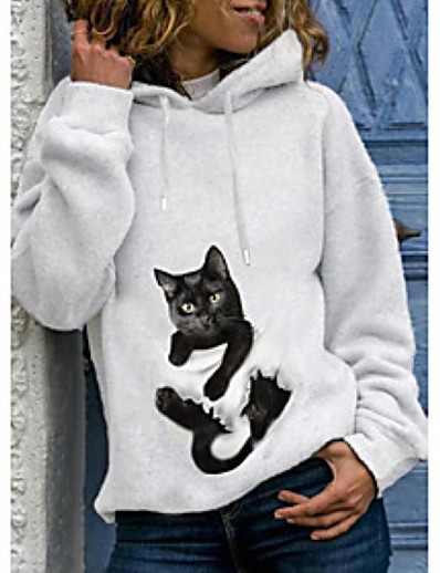 رخيصةأون WOMEN-نسائي هوديي قف بجانب الطريق قطة الرسم 3D مناسب للبس اليومي أساسي كاجوال هوديس بلوزات أبيض