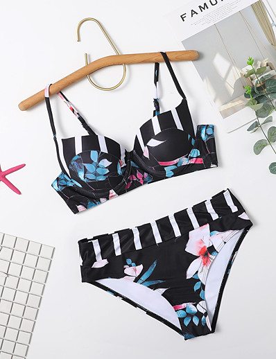 cheap Bikini Sets-Women&#039;s Bikini Tankini Swimsuit Racerback Open Back Print Floral 3D Black Red Swimwear Underwire Padded Strap Bathing Suits New Fashion Cute / 2 Piece / Tattoo