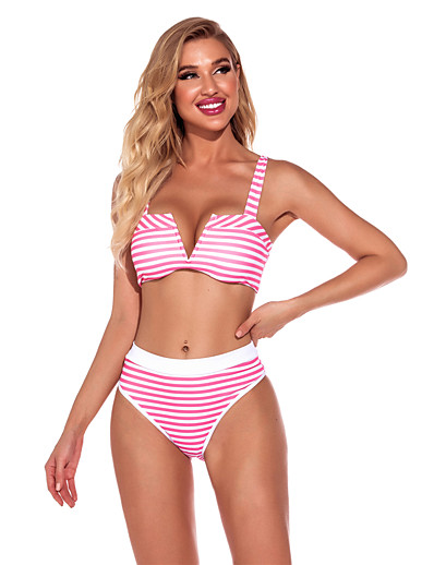 cheap Bikini Sets-Women&#039;s Bikini Tankini Swimsuit Racerback Open Back Print Stripe Blushing Pink Swimwear Padded Strap Bathing Suits New Cute Sweet / 2 Piece / Tattoo