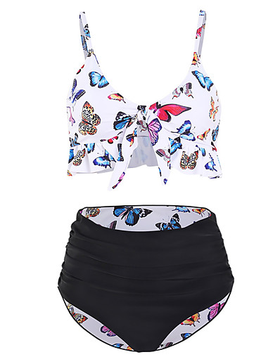 cheap Bikini Sets-Women&#039;s Bikini Tankini Swimsuit Racerback Open Back Print Animal White Swimwear Padded Strap Bathing Suits New Cute Sweet / 2 Piece / Tattoo