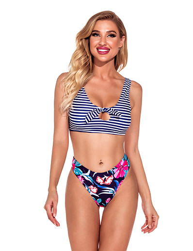 cheap Bikini Sets-Women&#039;s Bikini Tankini Swimsuit Racerback Open Back Print Stripe Blue Swimwear Padded Strap Bathing Suits New Vacation Lady / 2 Piece / Tattoo