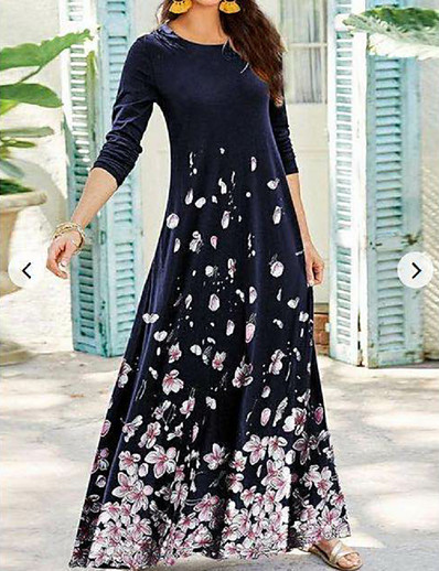 cheap DRESSES-Women's Swing Dress Maxi long Dress - Long Sleeve Color Block Floral Patchwork Spring Fall Casual 2021 Blue S M L XL XXL