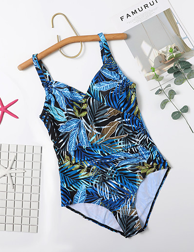 cheap Bikini Sets-Women&#039;s One Piece Bikini Swimsuit Open Back Print Tropical Blue Swimwear Padded Strap Bathing Suits New Ethnic Classic / Tattoo