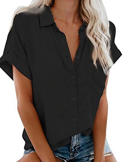 cheap Blouses &amp; Shirts-Women&#039;s Blouse Shirt Plain V Neck Shirt Collar Pocket Button Basic Tops Light Blue Pink Blue