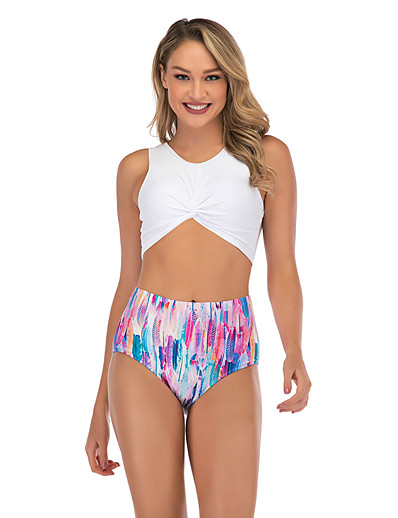 cheap Bikini Sets-Women&#039;s Bikini Tankini Swimsuit Racerback Open Back Print Abstract Stripe White Swimwear Padded Strap Bathing Suits New Cute Sweet / 2 Piece / Tattoo