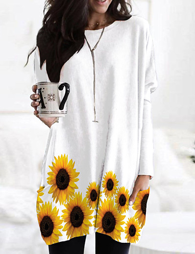 cheap DRESSES-Women's T Shirt Dress Tee Dress Short Mini Dress Long Sleeve Print Color Block Floral Print Fall Spring Casual 2021 White Yellow Light Brown Green Beige S M L XL XXL 3XL