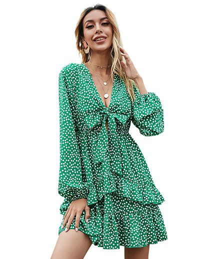 cheap DRESSES-Women&#039;s Sundress Short Mini Dress Long Sleeve Polka Dot Print Layered Ruffle Summer Casual 2021 Green S M L XL
