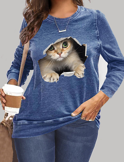 ieftine Bluze Mărime Plus-Pentru femei Plus Size Topuri Hanorac pulover Pisica Grafic Manșon Lung Imprimeu Hanorac cu Glugă Rotund Amestec Bumbac Zilnic Sfârșit de săptămână Primăvară, toamnă, iarnă, vară / Mărime Plus Size