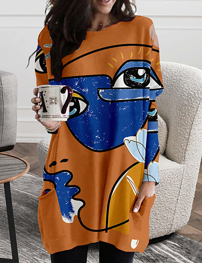 cheap DRESSES-Women's Shift Dress Short Mini Dress Long Sleeve Color Block Geometric Print Fall Spring Casual 2021 White Purple Yellow Khaki Green Light gray Dark Gray S M L XL XXL 3XL