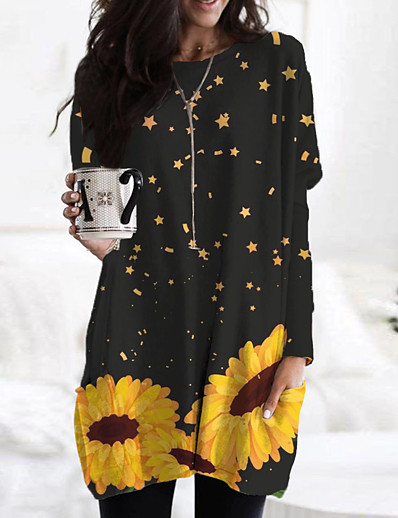 cheap DRESSES-Women's T Shirt Dress Tee Dress Short Mini Dress Long Sleeve Print Color Block Floral Print Fall Spring Casual 2021 Black Fuchsia S M L XL XXL 3XL