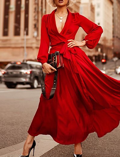 cheap Elegant Dresses-Women&#039;s Swing Dress Maxi long Dress Long Sleeve Solid Color Summer Elegant Casual 2021 Purple Red S M L XL XXL 3XL