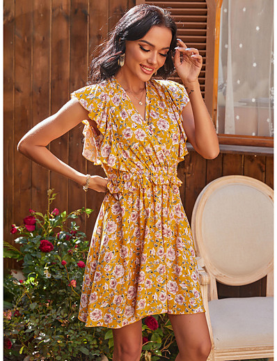cheap DRESSES-Women&#039;s A-Line Dress Short Mini Dress Sleeveless Print Floral Ruffle Spring Casual Cotton 2021 Yellow S M L XL