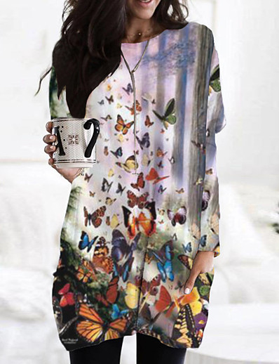 cheap DRESSES-Women's T Shirt Dress Tee Dress Short Mini Dress Long Sleeve Print Color Block Animal Print Fall Spring Casual 2021 Red Yellow Blushing Pink Light Blue S M L XL XXL 3XL