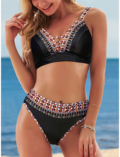 cheap Bikini Sets-Women&#039;s New Fashion Tankini Swimsuit Color Block Hole Cross Halter Normal Plunge Swimwear Bathing Suits Black Blue / Bikini / 2 Piece