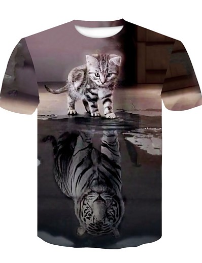 cheap Men-Men&#039;s Unisex Tee T shirt Shirt Cat 3D 3D Print Crew Neck Casual Daily Short Sleeve Rivet Mesh Tops Basic Designer Animal Big and Tall Black / Gray / Summer