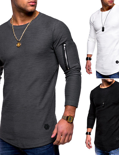 저렴한 기본 컬렉션-남성용 T 셔츠 셔츠 지퍼 라운드 넥 표준 봄, 가을, 겨울, 여름 육군 녹색 화이트 블랙 그레이