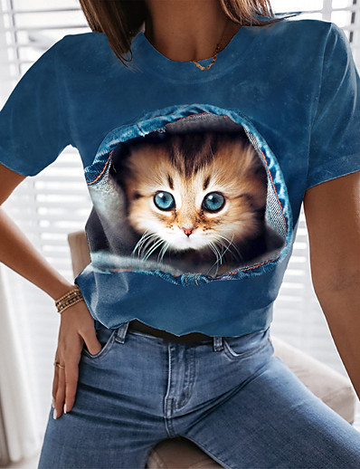 billige T-shirts-Dame T-shirt 3D kat Kat Grafisk 3D Rund hals Trykt mønster Basale Toppe Blå Sort Lyseblå