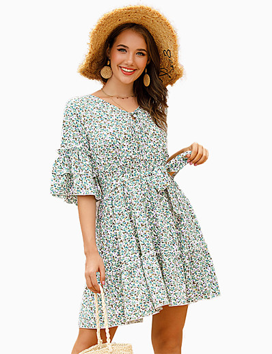 cheap DRESSES-Women&#039;s Sundress Short Mini Dress Half Sleeve Color Block Floral Print Summer Casual Mumu 2021 Purple Green S M L XL