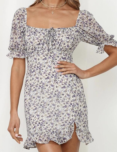 cheap DRESSES-Women's Sheath Dress Short Mini Dress Short Sleeve Floral Summer Casual 2021 Purple S M L XL XXL