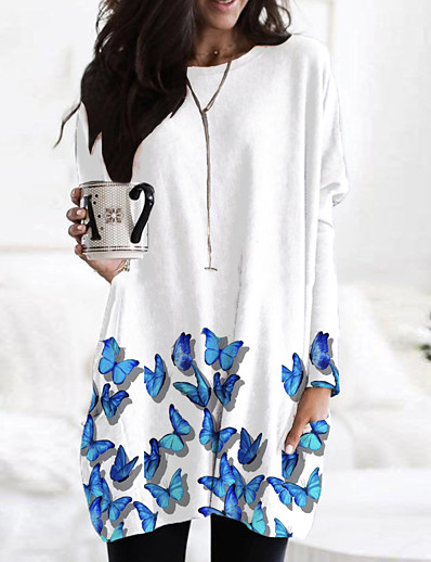 cheap DRESSES-Women's T Shirt Dress Tee Dress Short Mini Dress Long Sleeve Print Color Block Animal Print Fall Spring Casual 2021 White Blue Yellow Blushing Pink Light Blue S M L XL XXL 3XL
