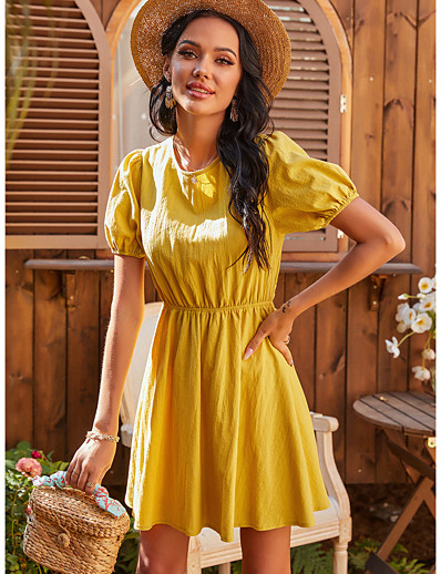 cheap DRESSES-Women&#039;s Sundress Short Mini Dress Short Sleeve Solid Color Backless Summer Casual Cotton 2021 Yellow S M L XL