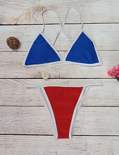 cheap Bikini Sets-Women&#039;s New Vintage Bikini Swimsuit Color Block Open Back Triangle Padded Normal Strap Swimwear Bathing Suits Blue