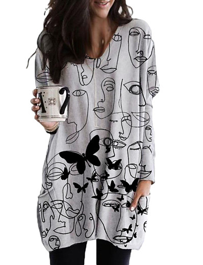 cheap DRESSES-Women&#039;s Shift Dress Short Mini Dress Long Sleeve Color Block Geometric Print Fall Spring Casual 2021 Blue Gray S M L XL XXL 3XL